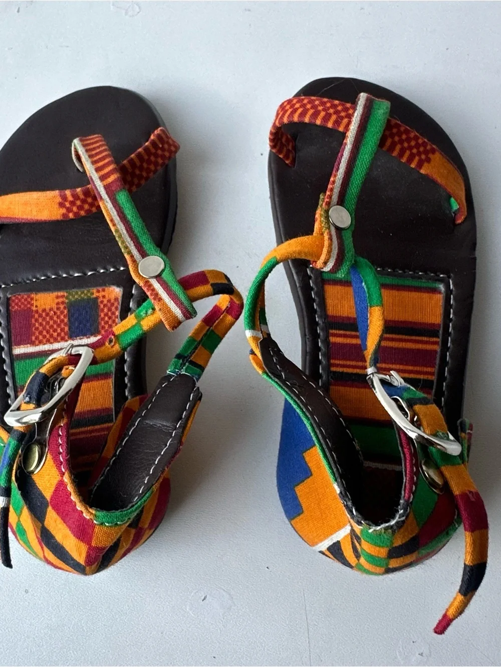 Handmade African Kente Print Fabric Leathe r Sandals Strappy Toddler Kids Size 5